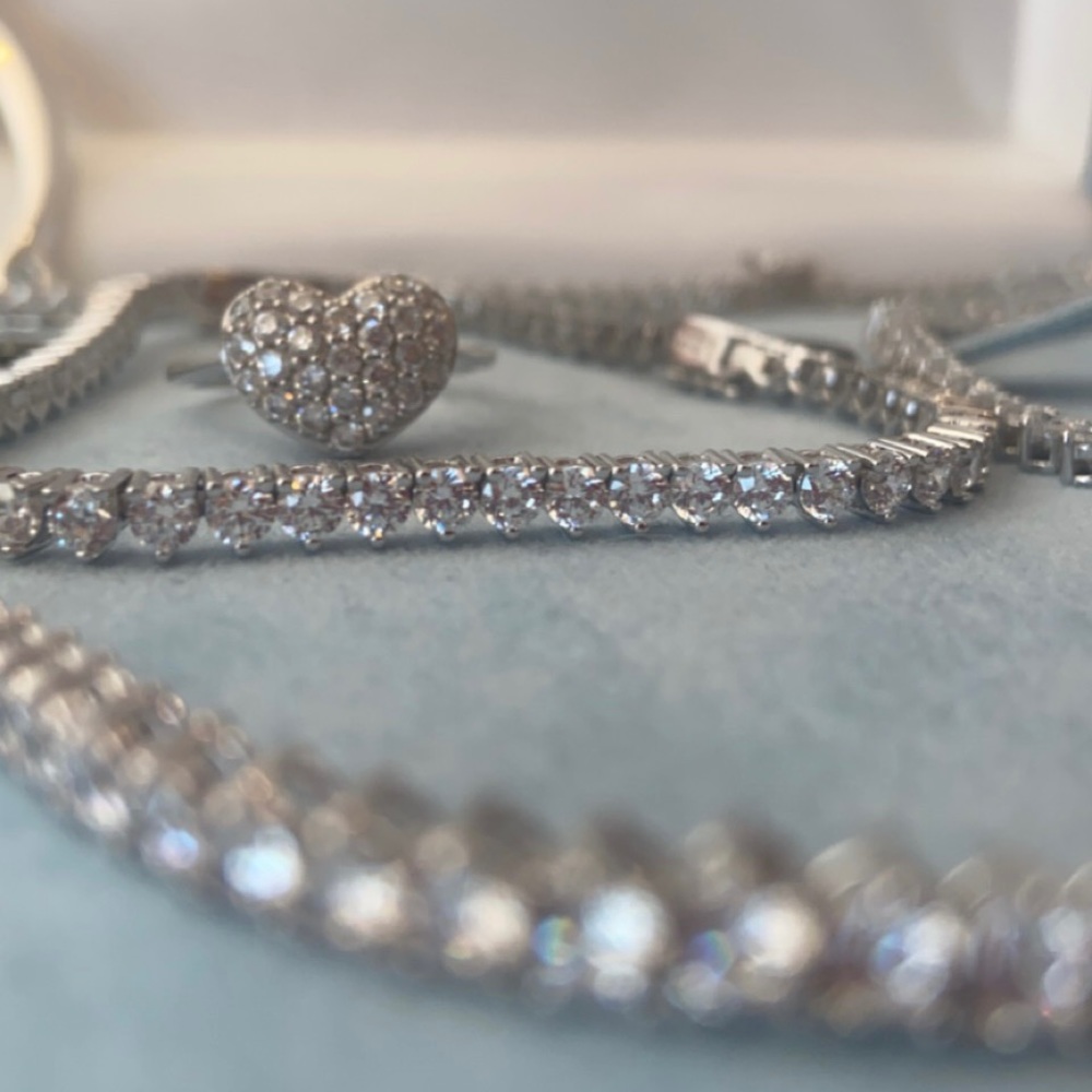 NF925 silver cubic zirconia tennis necklace 18” w/ 6” bracelet, ring & 2” ext
